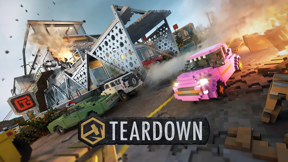 Key art visual for Teardown's new expansion Art Vandals showing voxel visuals, destruction of the environment, a pink car, and some fire