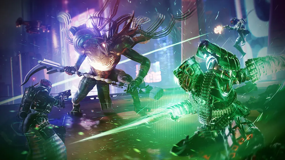 Sci-fi characters utilizing green magic and abilities jumping around and attacking a scythe wielding, bulky alien with long tendrils coming out of its back.