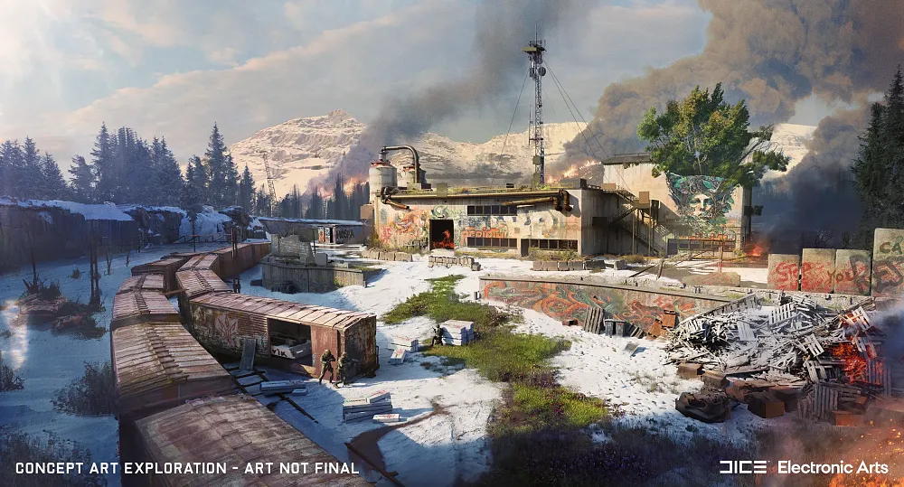 Concept art showing a destroyed train station. Train cars are askew on and near train tracks. A building is covered in graffiti and some overgrowth. Smoke is billowing up from a few fires in the background.