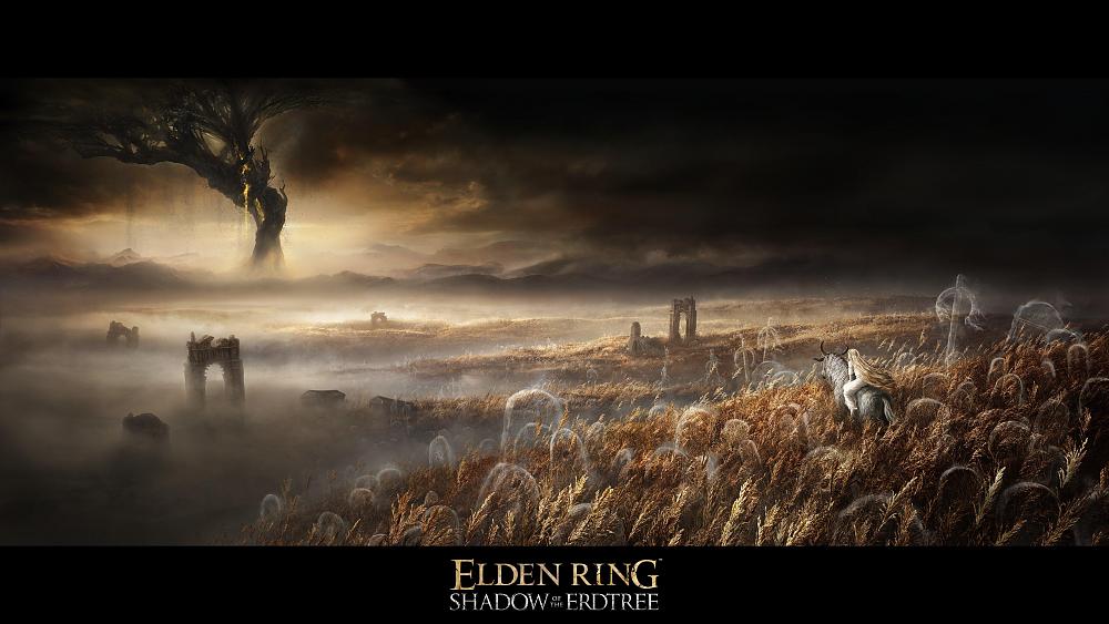 A person riding a horse in a wheat field. In the background are rolling hills full of ruins and a massive, dark tree reaching towards the sky.