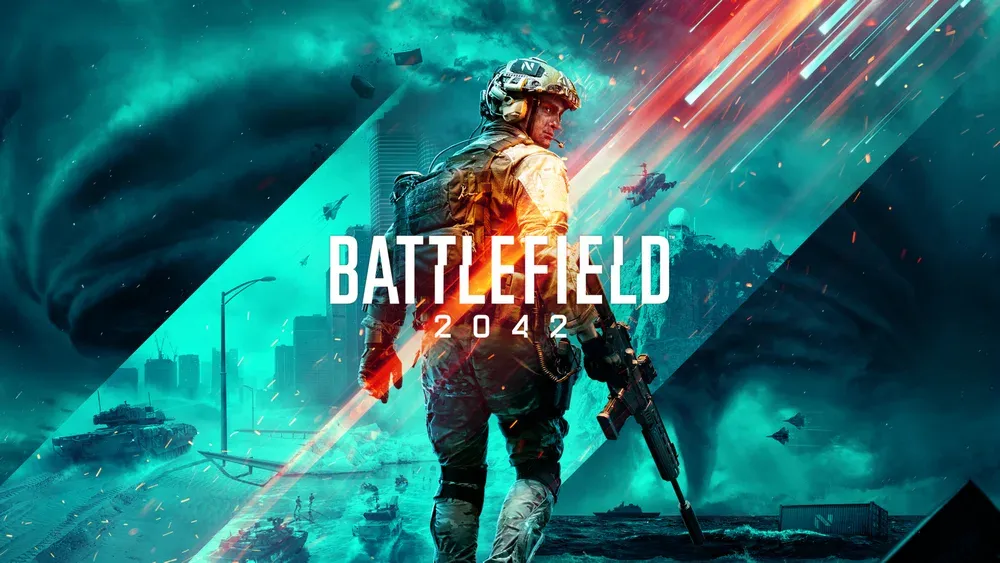 A soldier with his back to the camera and the title Battlefield 2042 large and in the center of the image.
