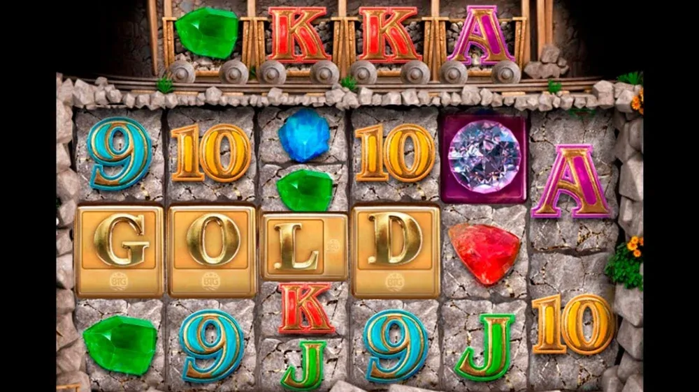 Digital slot machine view showing colorful numbers and gems in columns and rows.