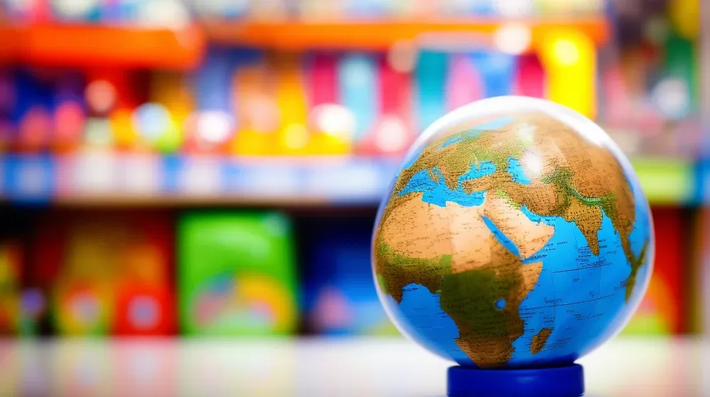 A render of a model of Earth sitting in a toy store.