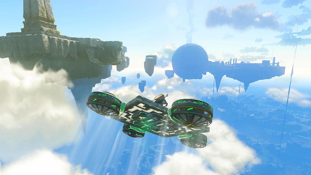 Screenshot showing Link from The Legend of Zelda: Tears of the Kingdom riding on a makeshift flying machine above the clouds while floating sky islands are in front of him.