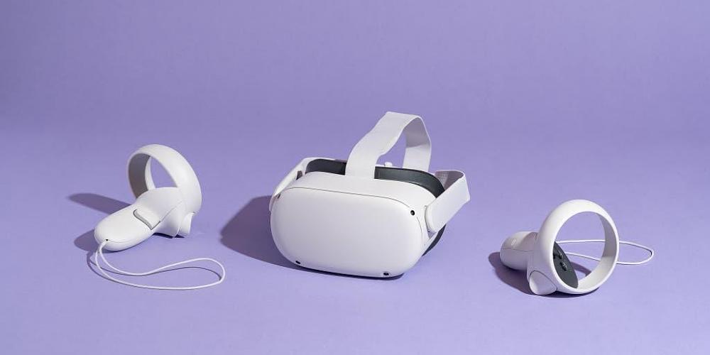 A virtual reality headset and controllers.