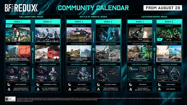 A calendar showing when specific events will take place in the Redux season of Battlefield 2042.