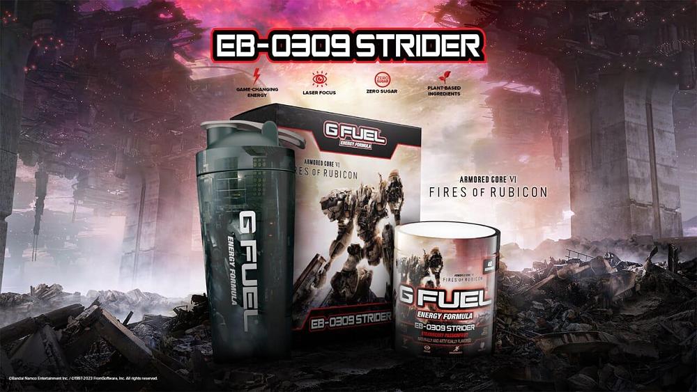 Special G Fuel for Armored Core 6, image shows a special box, shaker, and Armored Core 6 inspired flavor.