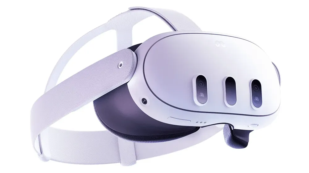A white VR headset with external cameras.