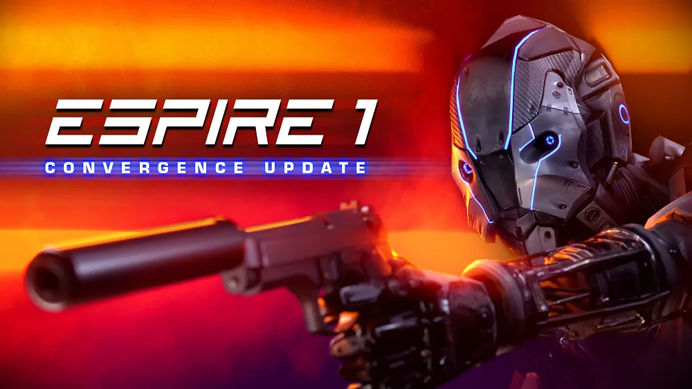 Espire 1 Convergence Update. Image of a future spy holding a silenced pistol.