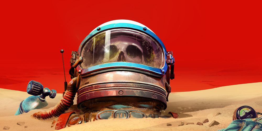 A dead astronaut with a skull in a space helmet half buried in the sand.