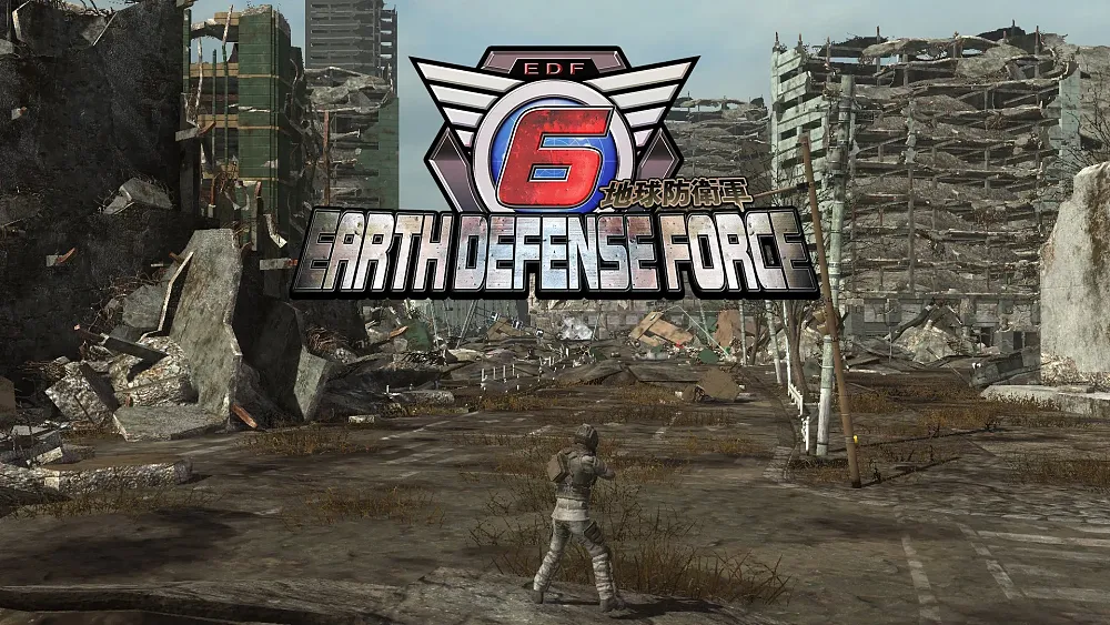 Text: Earth Defense Force 6 over an image of a person standing in the ruins of a modern city.