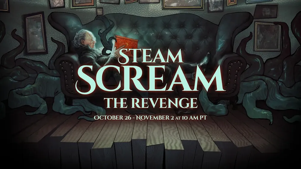 Text: Steam Scream: The Revenge. October 26 - November 2 at 10AM PT. Image: An old man laying on a couch in a room full of spooky black tentacle arms.