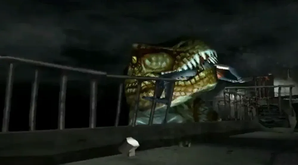 A T-Rex in the game Dino Crisis eating the main character, Regina.