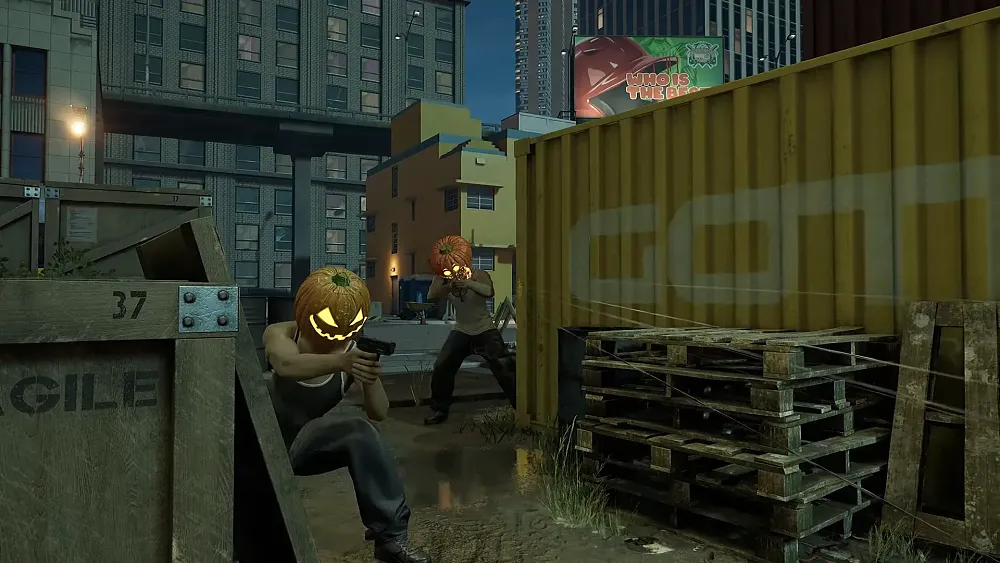 Armed gunman with jack-o-lantern heads shooting guns from behind cover.