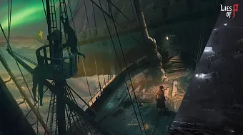 Concept art showing a character standing on a boat approaching some sort of a large structure.