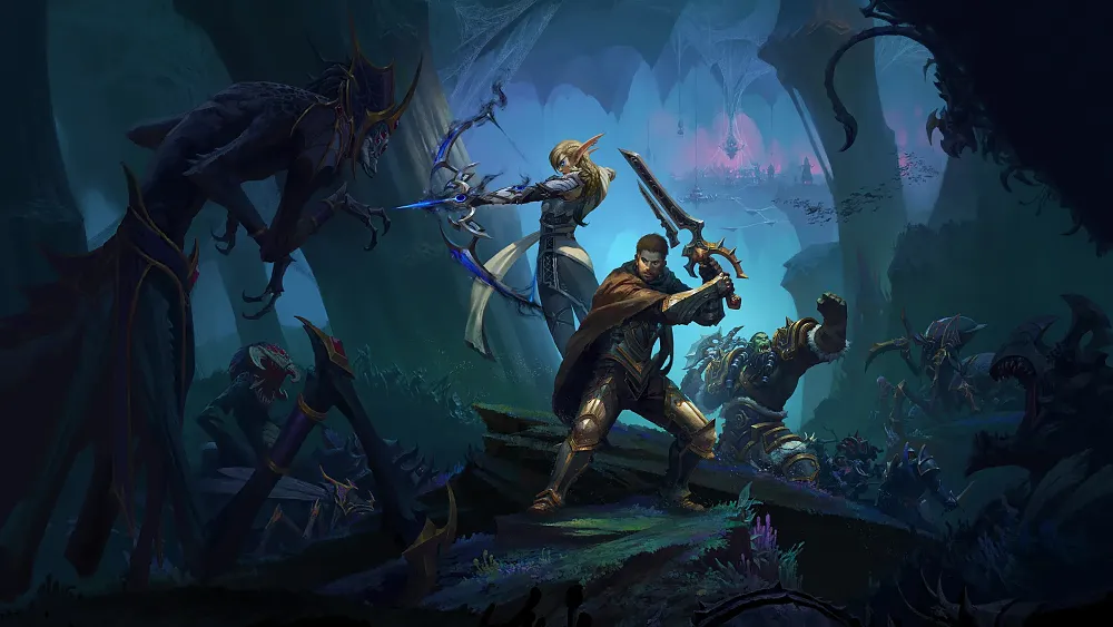 Key art showing heroes in World of Warcraft holding weapons ready to defend themselves from approaching enemies.