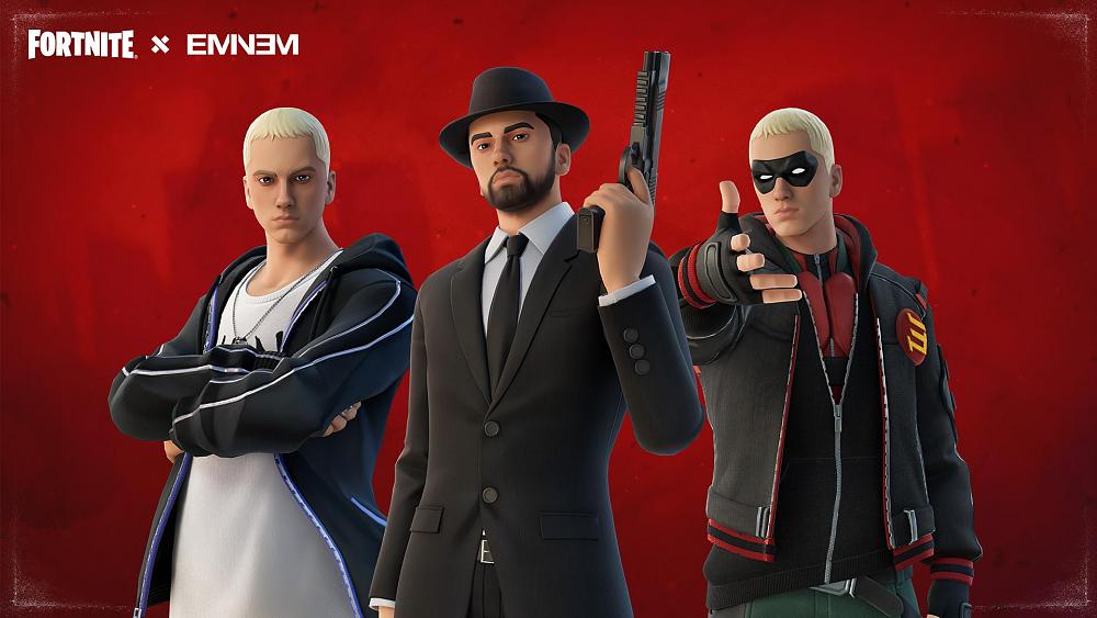 Three different looks for Eminem in Fortnite.