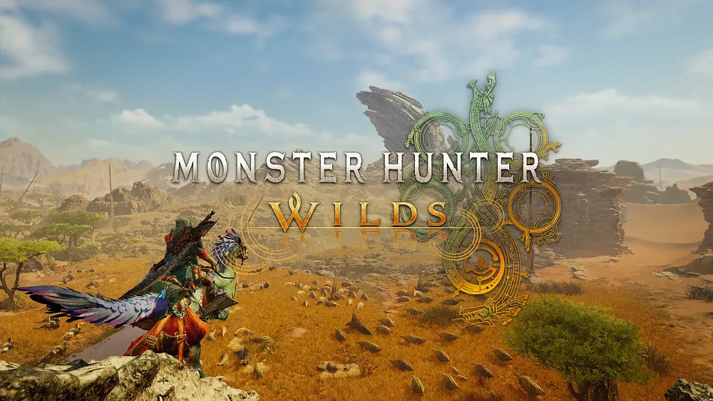 Text: Monster Hunter Wilds. Image: Character riding a creature overlooking a vast landscape.