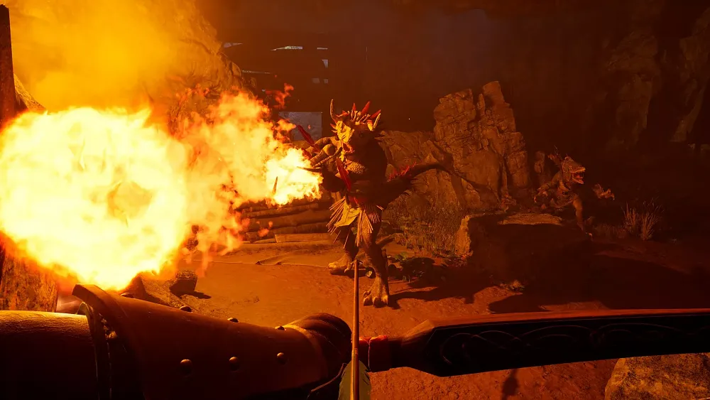 Screenshot from Avowed showing a lizard person hurling a fireball at a person holding a bow and arrow.