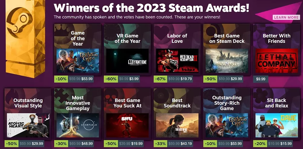 All of the games that won in their respective categories for The Steam Awards 2023.