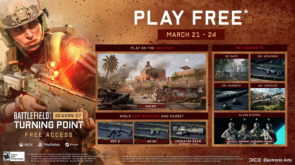 A free weekend for Battlefield 2042, running from March 21 through March 24.