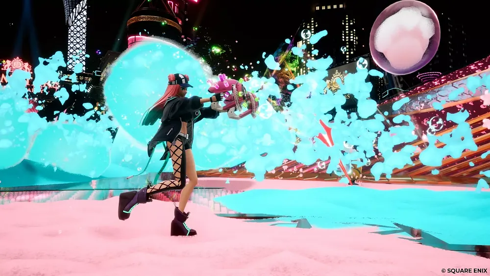 A character with long pink hair blasts colorful foam around.