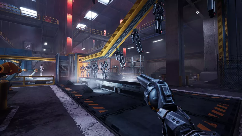 First-person view of a person holding a revolver looking at an assembly line for robotic androids.