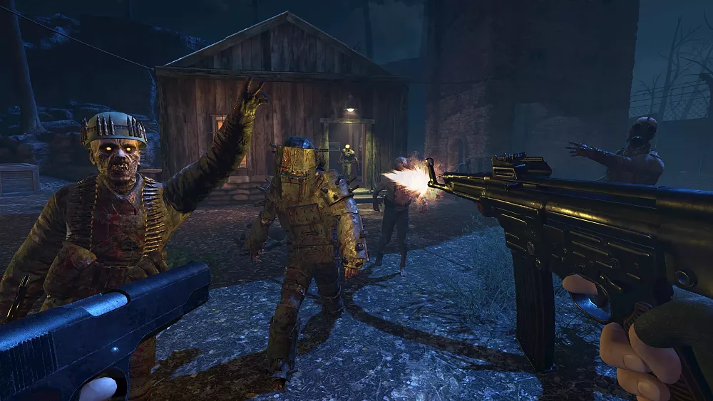 First person view of someone dual wielding weapons against armored zombies.