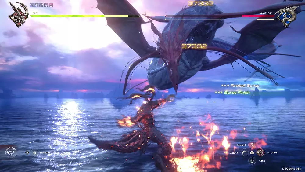 The main protagonist of Final Fantasy 16 squaring off in a fight against Leviathan.