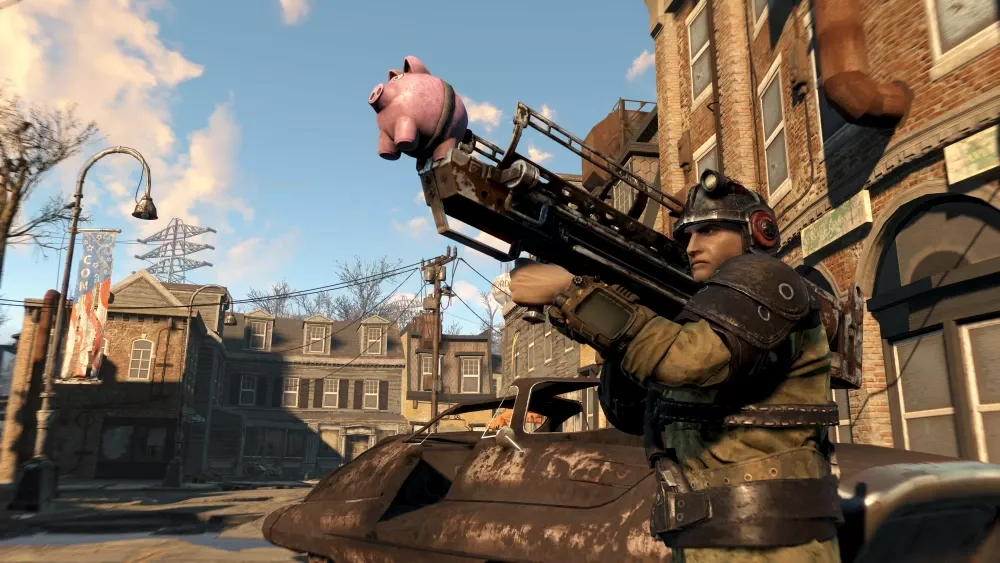 A Vault dweller holding a rocket launcher with a fake pig on the rocket tip.
