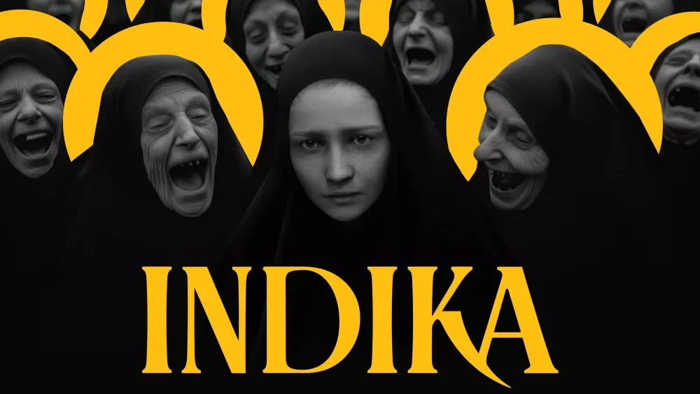Key art for INDIKA showing old nuns laughing at a young nun.
