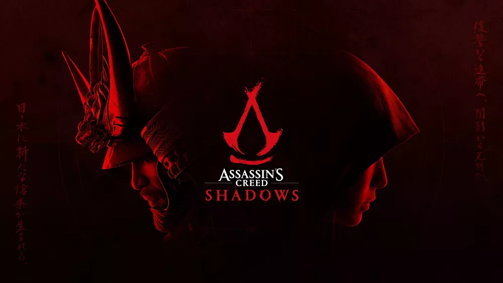 Outlines of Naoe and Yasuke around the title of Assassin's Creed Shadows, all set against a red background.