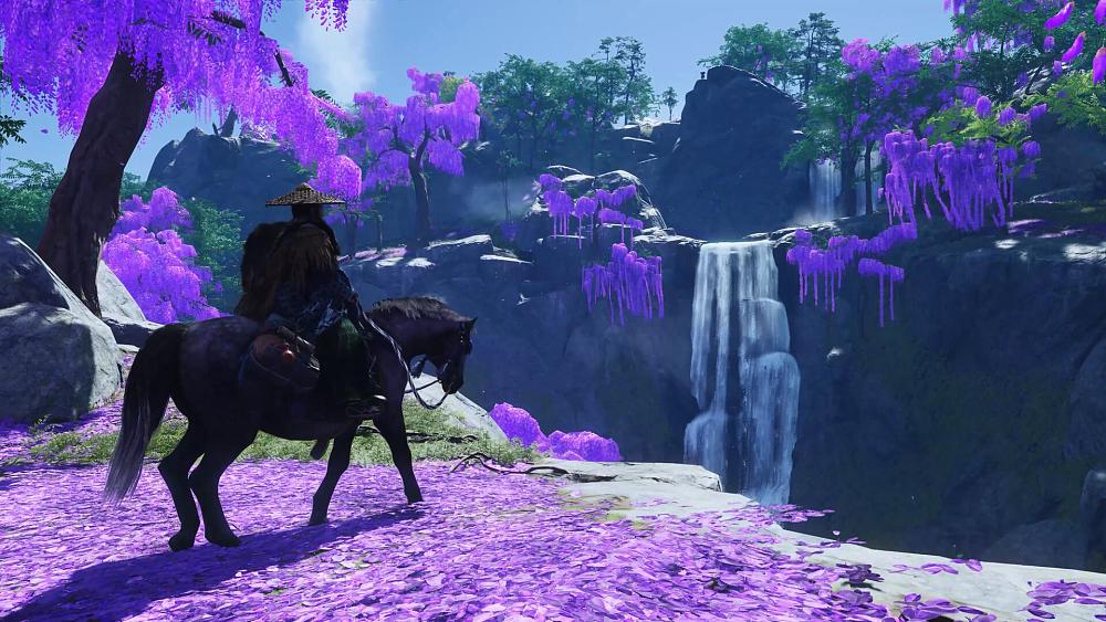 Samurai sitting on a horse in an area covered in purple flowers.