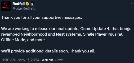 @playredfall: Thank you for all your supportive messages.   We are working to release our final update, Game Update 4, that brings revamped Neighborhood and Nest systems, Single Player Pausing, Offline Mode, and more.   We’ll provide additional details soon. Thank you all.