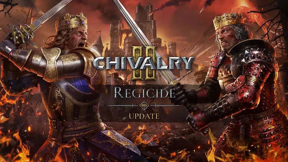 Art for the Regicide update for Chivalry 2 showing warring factions with kings and knights.