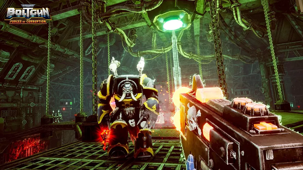 Screenshot showing the old-school style of Boltgun from the Forges of Corruption DLC.