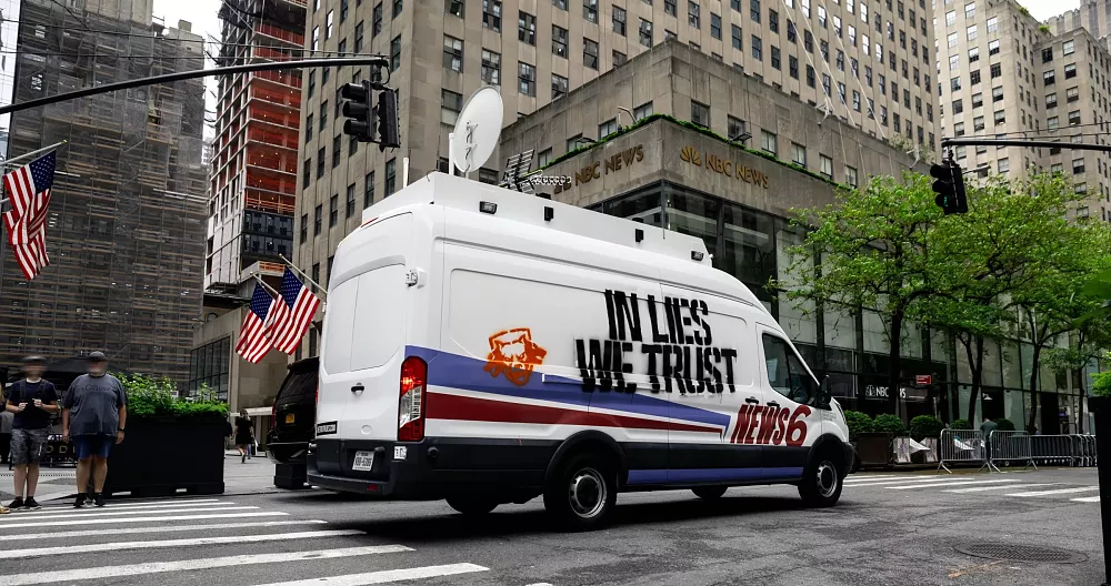 A literal fake news van teasing Black Ops 6 with the words "in lies we trust" spraypainted on the side.