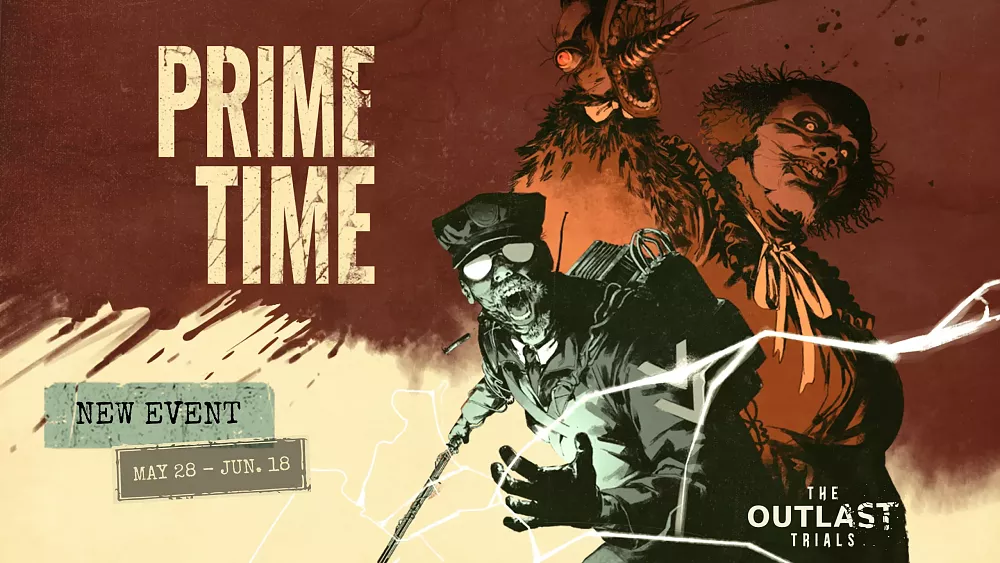 Key art promoting the Prime Time event for The Outlast Trials showing the event name and the two main adversaries.