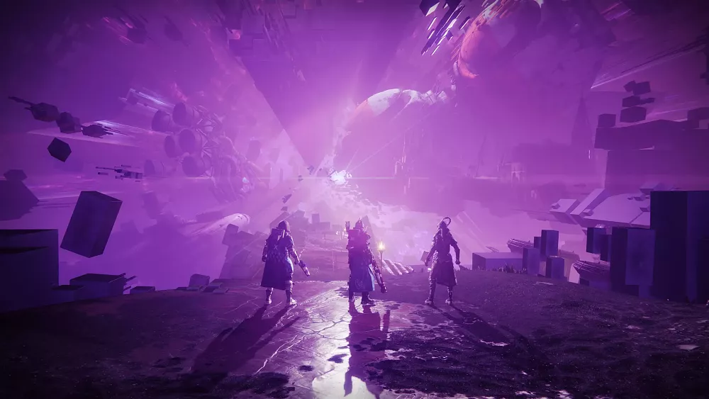 A very purple image of three Guardians standing within a large purple alien environment.