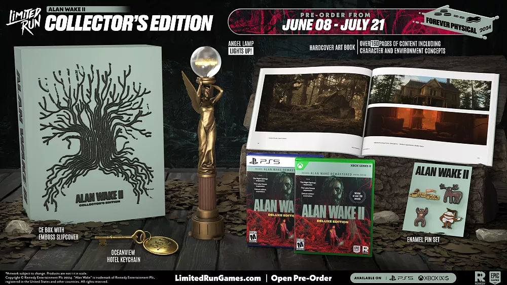 Image showing the physical edition and all of the extra goodies for Alan Wake 2 from Remedy and Limited Run Games.