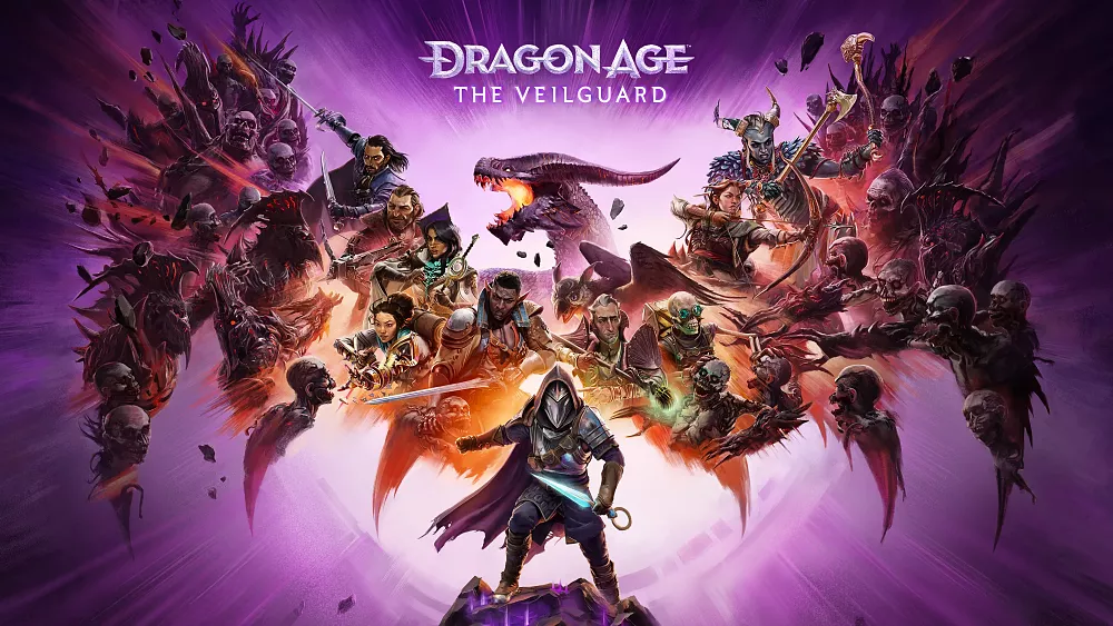 Key art for the game showing the cast of characters, main character, the title, a dragon, and several enemies.