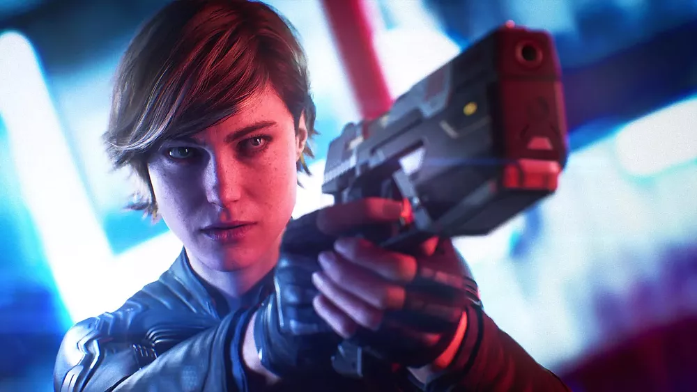 Joanna Dark aiming a gun in the Perfect Dark reboot game.