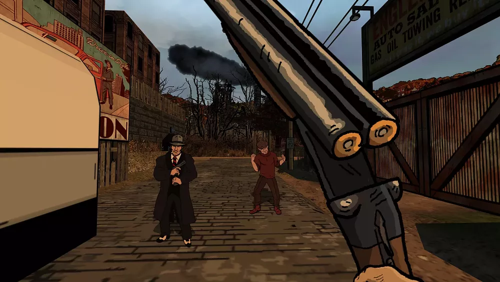 Hand-drawn 2D art style in a 3D environment for this first-person shooter with gangsters.