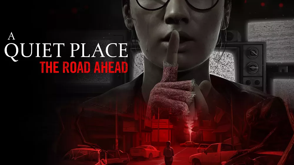Key art with the title, A Quiet Place: The Road Ahead, and a cropped image of a girl with her finger to her lip in the "be quiet" pose.