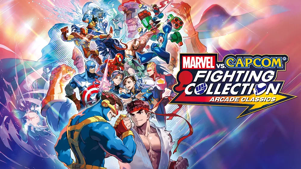 A bunch of Marvel and Capcom characters facing each other in a big group along with the title, Marvel vs. Capcom Fighting Collection: Arcade Classics.