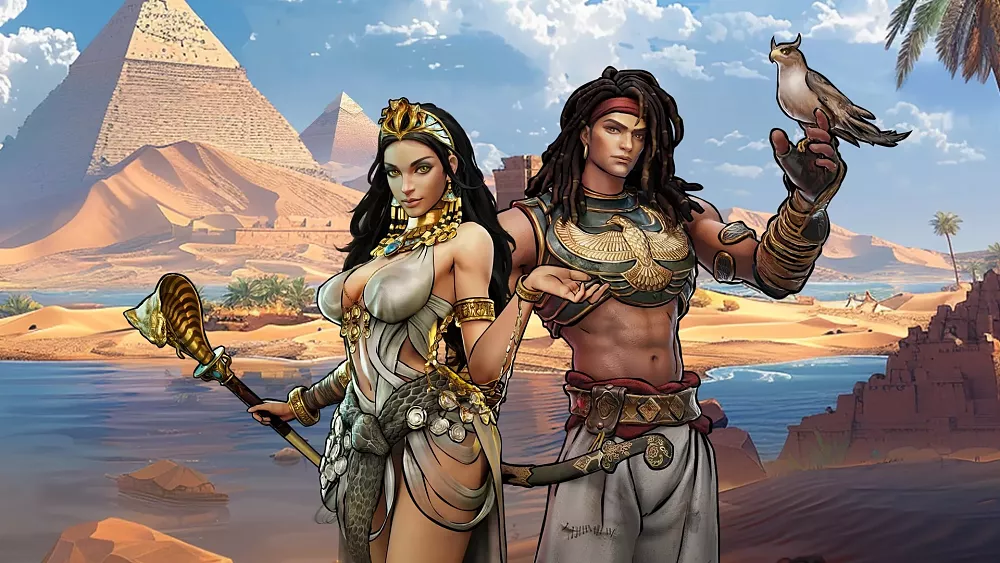 Two pirates, a female and a male, standing on a beach near some water and pyramids.