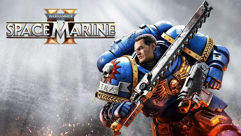 A Warhammer Space Marine and the title of the game.