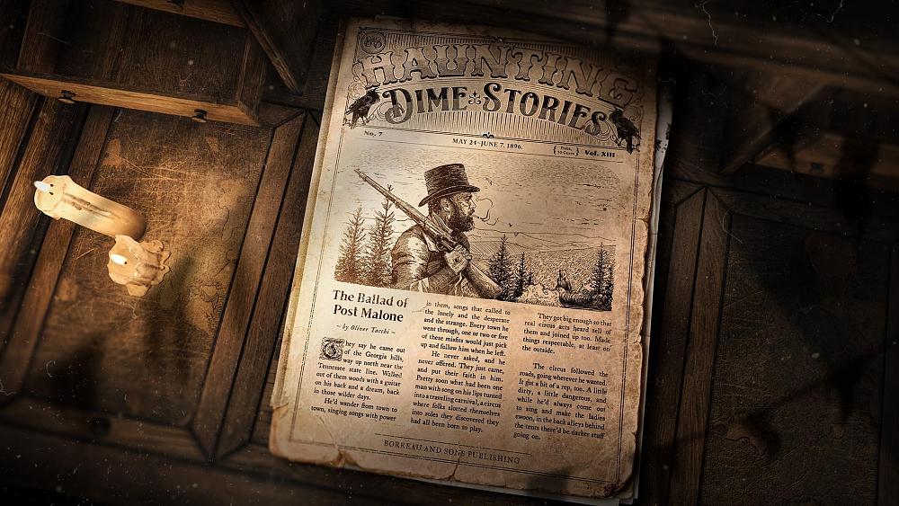A fake newspaper article talking about an in-universe version of Post Malone for Hunt Showdown 1896.
