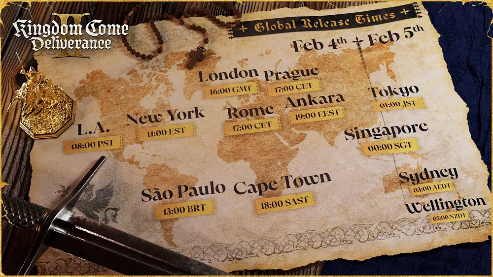 An image showing the global release times for Kingdom Come: Deliverance 2.