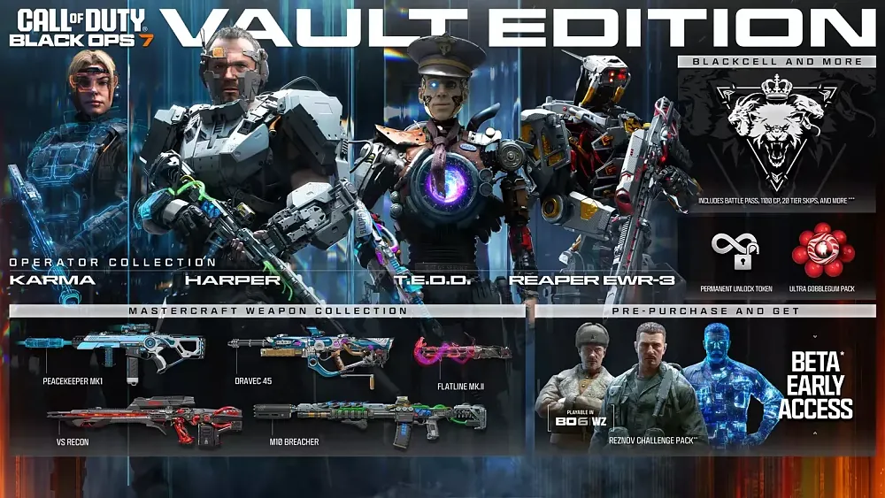 Shows four outrageous character skins in the Vault Edition for Call of Duty: Black Ops 7.